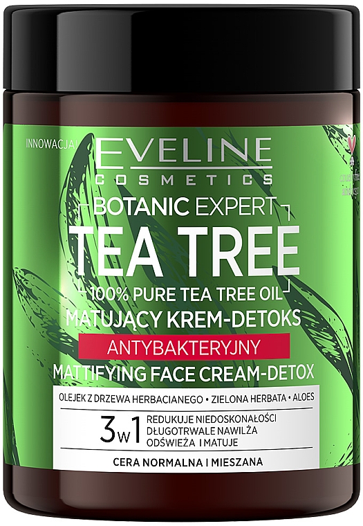 Mattierende antibakterielle Detox-Gesichtscreme mit Teebaumöl - Eveline Cosmetics Botanic Expert Tea Tree Mattifying Face Cream-Detox