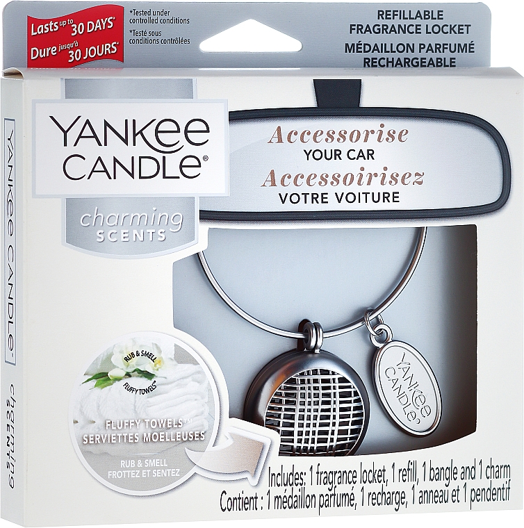 Autoduftanhänger - Yankee Candle Fluffy Towels Linear Charming Scents Starter Kit (Medaillon + Duftstein + Charm-Anhänger + Band)