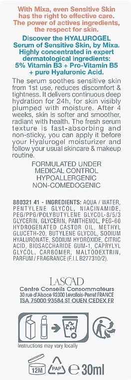 Feuchtigkeitsspendendes Gesichtsserum mit Hyaluronsäure für empfindliche Haut - Mixa Hyalurogel The Serum Of Sensitive Skin — Bild N3