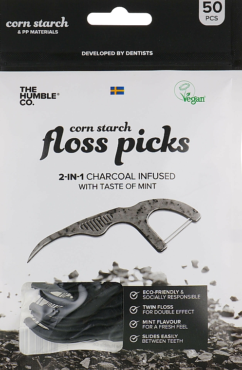 Zahnseide-Sticks mit Minze und Aktivkohle schwarz - The Humble Co. Dental Floss Picks