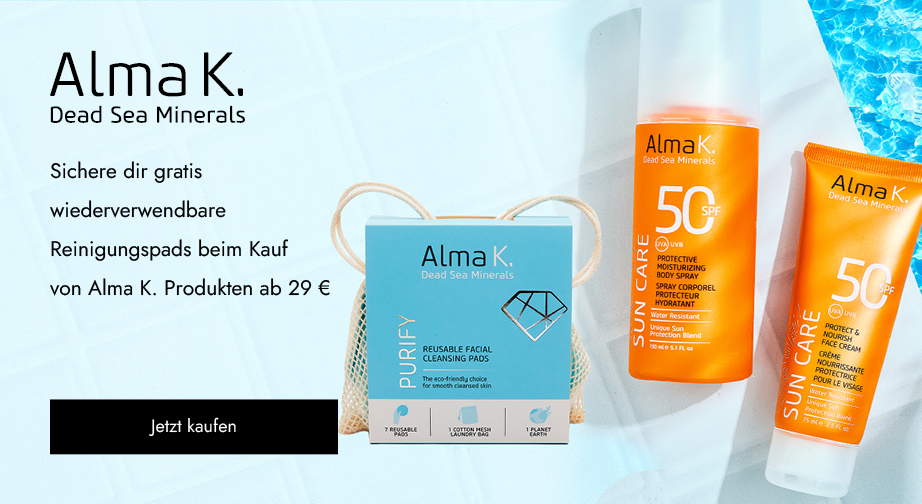 Beim Kauf von Alma K. Produkten ab 29 € erhältst du wiederverwendbare Reinigungspads geschenkt