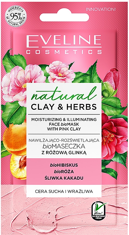 Feuchtigkeitsspendende und aufhellende Gesichtsmaske mit rosa Tonerde und Kräutern - Eveline Cosmetics Natural Clay & Herbs Pink Clay Mask — Bild N1