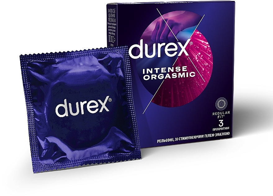 Gerippte und genoppte Kondome mit zusätzlichem Desirex-Gel befeuchtet 3 St. - Durex Intense Orgasmic — Foto N1