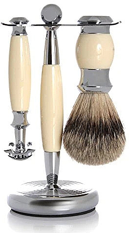 Set - Golddachs Finest Badger, Safety Razor Ivory Chrom (sh/brush + razor + stand) — Bild N1