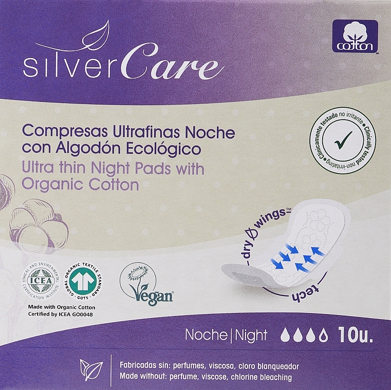 Damenbinden mit Flügeln für die Nacht 10 St. - Silver Care Night Ultra Sanitar Organic Cotton — Bild N1