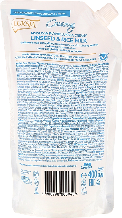 Feuchtigkeitsspendende Flüssigseife mit Lein und Reismilch - Luksja Linen & Rice Milk Soap (Doypack) — Bild N2