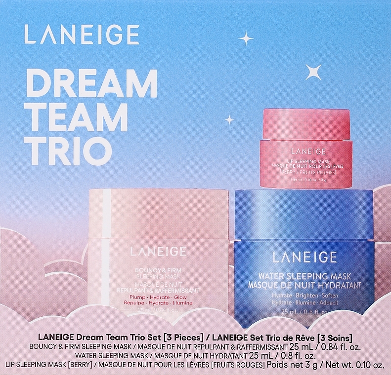 Gesichtspflegeset - Laneige Dream Team Trio Set (Gesichtsmaske 2x25ml + Lippenmaske 3g)  — Bild N1