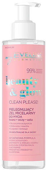 Klärendes Mizellenwaschgel für das Gesicht mit Himbeersamenöl, Niacinamid und Wassermelonen- und Acerolaextrakt - Eveline Cosmetics Beauty & Glow Clean Please Facial Cleansing Micellar Gel — Bild N1