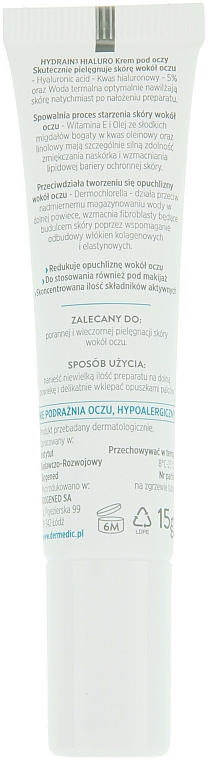 Augenkonturcreme für trockene und dehydrierte Haut mit Hyaluronsäure - Dermedic Hydrain 3 Hialuro Eye Cream — Foto N2