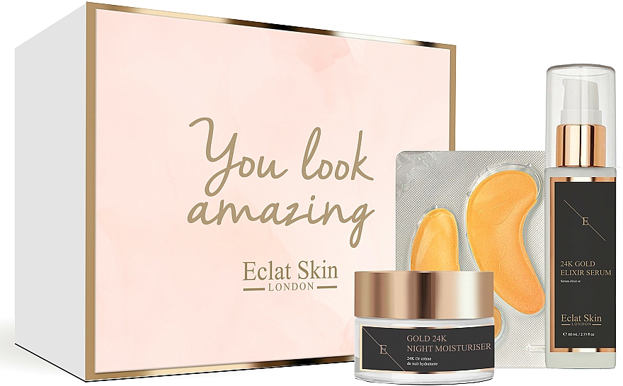 Gesichtspflegeset - Eclat Skin London 24K Gold Anti-Wrinkle Retinol Skincare Set (Nachtcreme 50ml + Gesichtsserum 60ml + Augenpatches 10 St.) — Bild N1