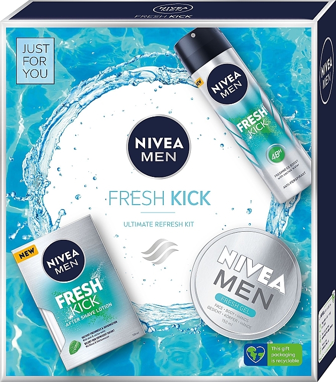 Körperpflegeset - Nivea Men Fresh Kick Ultimate Refresh (After Shave Lotion 100ml + Deospray 150ml + Hand, Körper,- und Gesichtsgel 150ml) — Bild N1