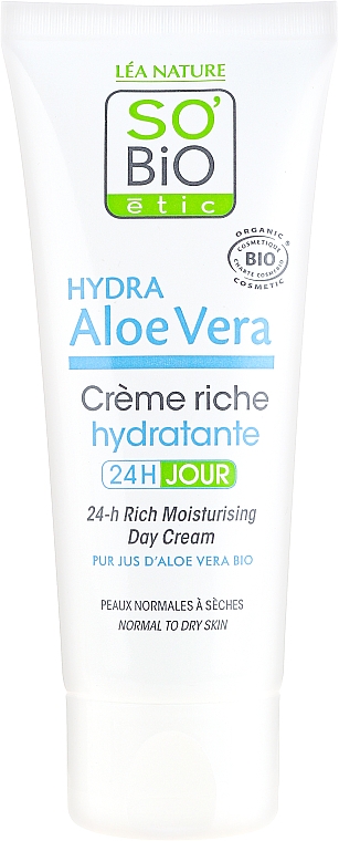 Reichhaltige feuchtigkeitsspendende Tagescreme für trockene und empfindliche Haut mit Aloe Vera - So'Bio Etic Hydra AloeVera 24-h Rich Moisturising Day Cream — Bild N2