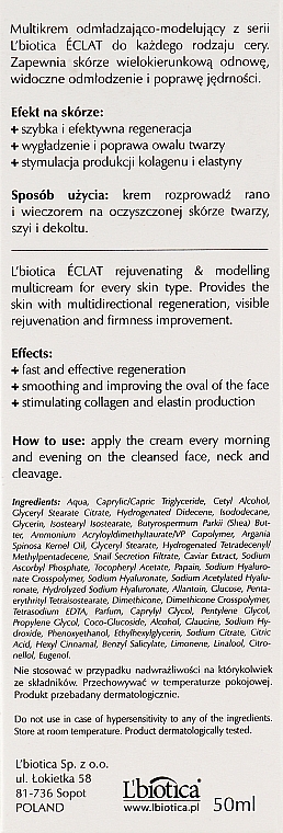 Verjüngende und modellierende Gesichtscreme mit Schneckenschleim und Kaviar-Extrakt - L'biotica Eclat Clow Cream — Bild N5