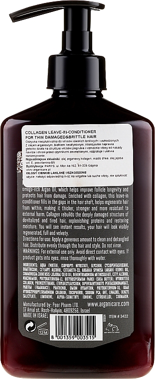 Pflegende Haarspülung mit Kollagen für trockenes und brüchiges Haar - Arganicare Collagen Nourishing Leave-In Conditioner — Bild N2