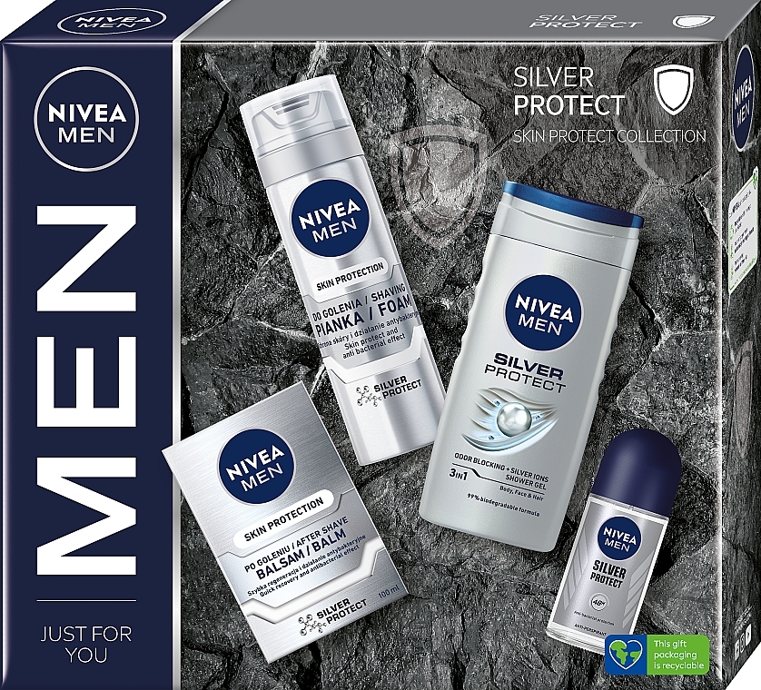 NIVEA MEN Silver Protect (Rasierschaum 200ml + After Shave Balsam 100ml + Deo Roll-on 50ml + Duschgel 250ml) - Körperpflegeset — Bild N1