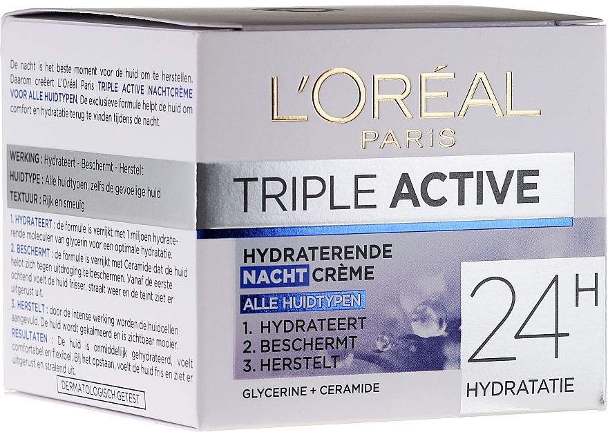 Feuchtigkeitsspendende Nachtcreme für alle Hauttypen - L'Oreal Triple Active Hydrating Night Cream 24H For All Skin Types — Bild N1