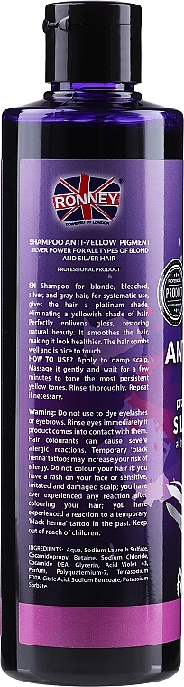 Professionelles silbernes Shampoo gegen Gelbstich für blondes und graues Haar - Ronney Professional Anti-Yellow Pigment Silver Power Shampoo — Bild N2