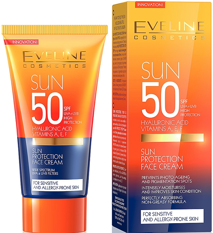 Sonnenschutzcreme für das Gesicht mit Hyaluronsäure und Vitamin A, E, F SPF 50 - Eveline Cosmetics Sun Protection Face Cream SPF 50 — Bild N1