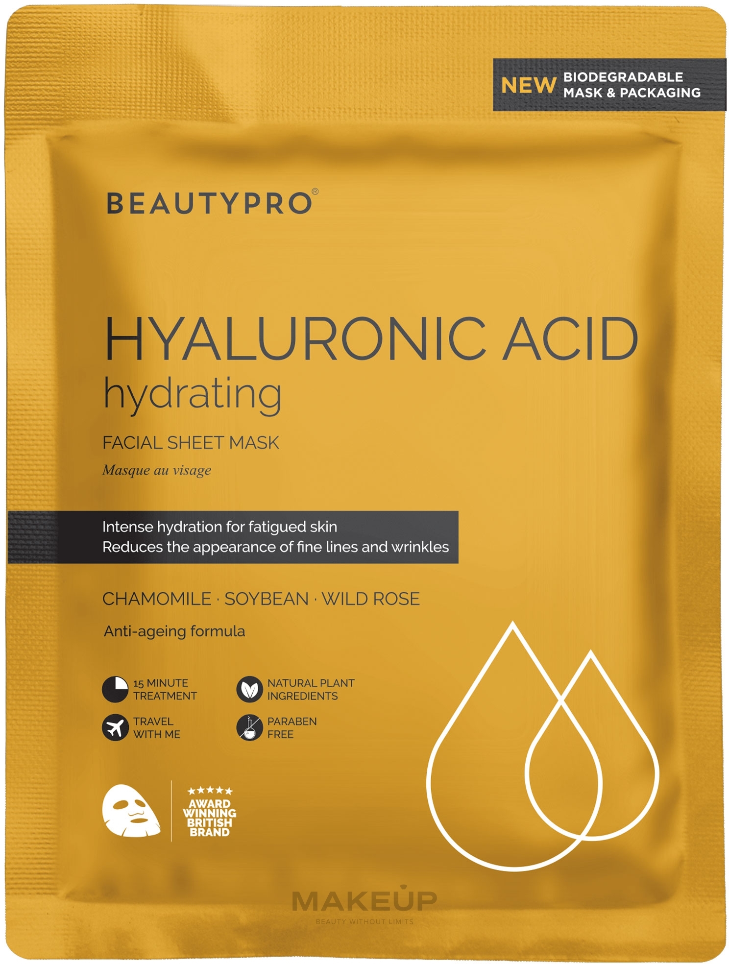 Foliengesichtsmaske mit Hyaluronsäure - BeautyPro Hyaluronic Acid Gold Foil Mask — Bild 22 ml