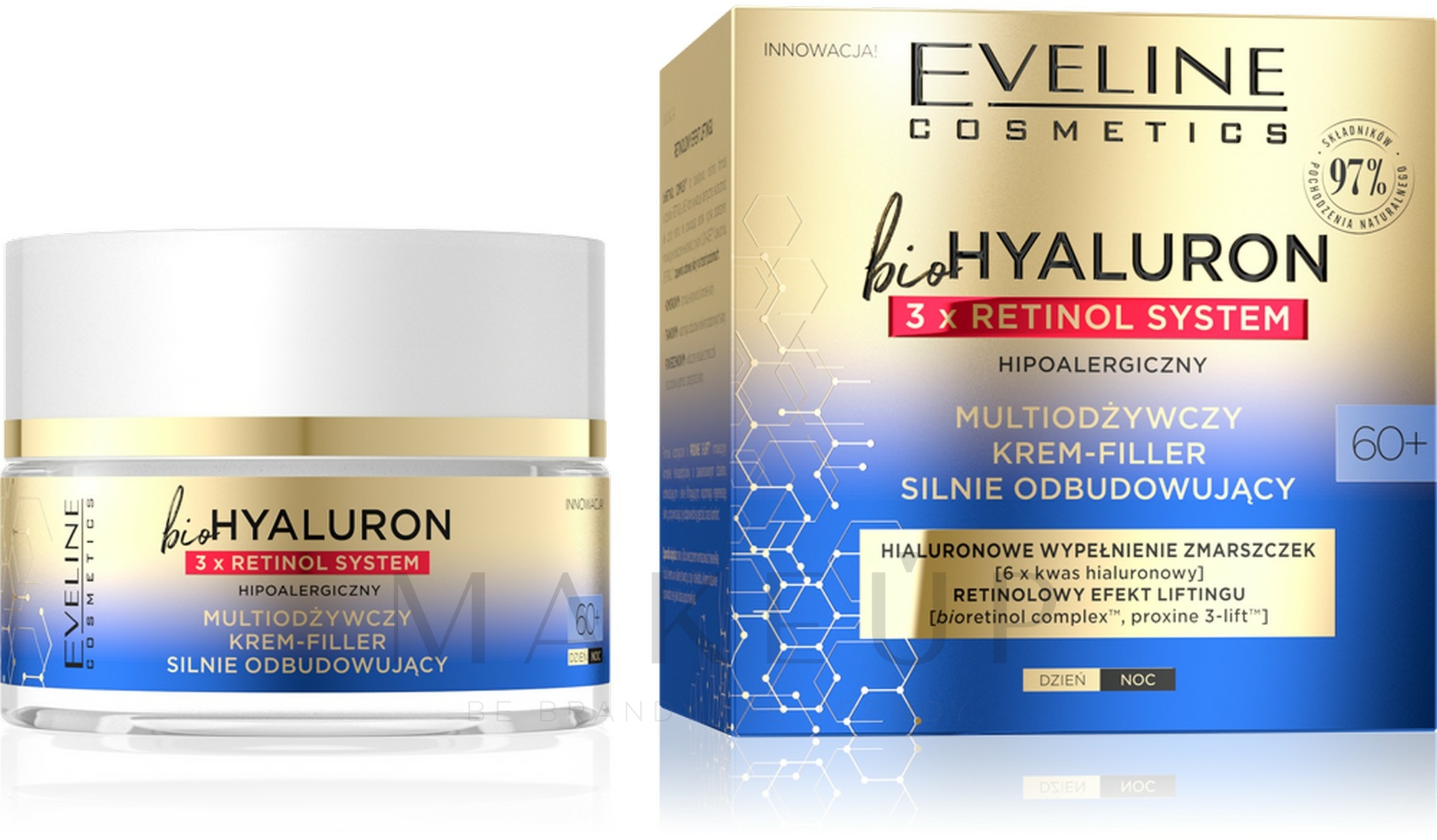 Pflegende und regenerierende Anti-Aging Gesichtscreme mit Hyaluronsäure, Retinol und Lifting-Effekt - Eveline Cosmetics BioHyaluron 3xRetinol System 60+ — Bild 50 ml