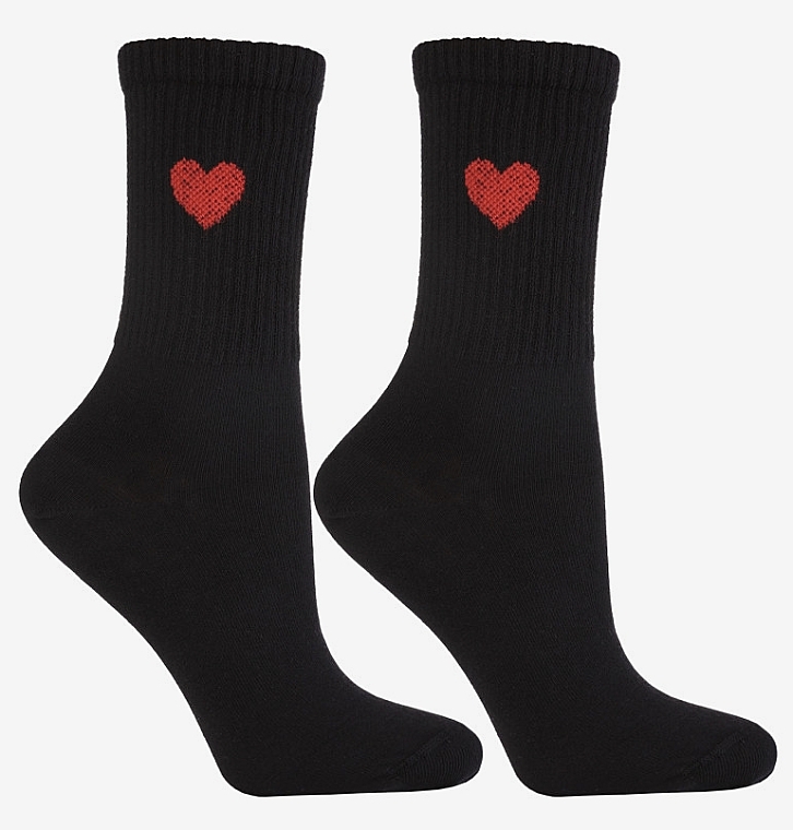 Lange Baumwollsocken für Frauen, rotes Herz, schwarz	 - Moraj — Bild N1