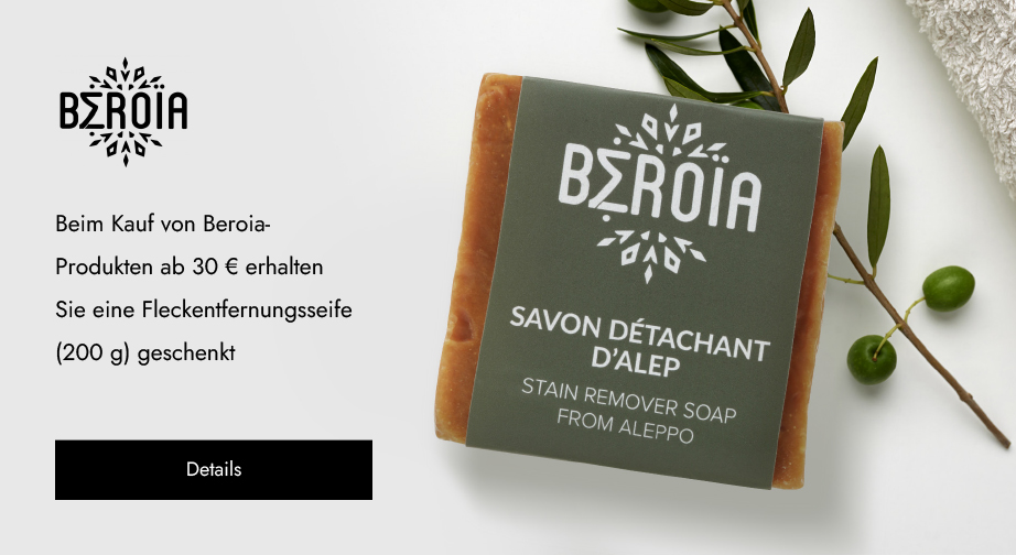 Beim Kauf von Beroia-Produkten ab 30 € erhalten Sie eine Fleckentfernungsseife (200 g) geschenkt