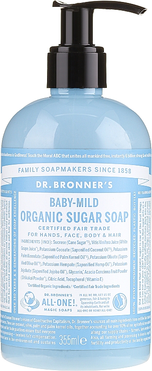 Milde Flüssigseife mit Bio Zucker für Hände, Gesicht, Körper und Haar für Kinder - Dr. Bronner’s Organic Sugar Soap Baby-Mild — Bild N1