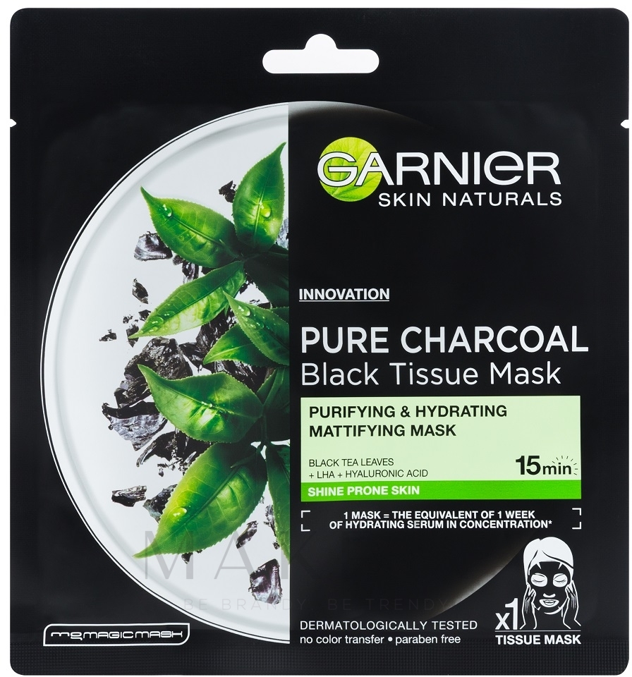 Mattierende schwarze Tuchmaske mit Bambuskohle - Garnier Pure Charcoal Tissue Mask — Bild 28 g