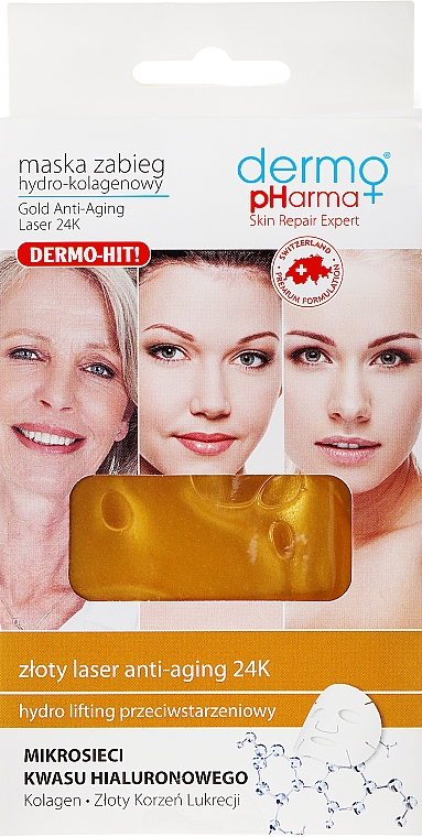 Feuchtigkeitsspendende und straffende Tuchmaske für das Gesicht mit Hyaluronsäure - Dermo Pharma Gold Anti-Aging Laser 24K