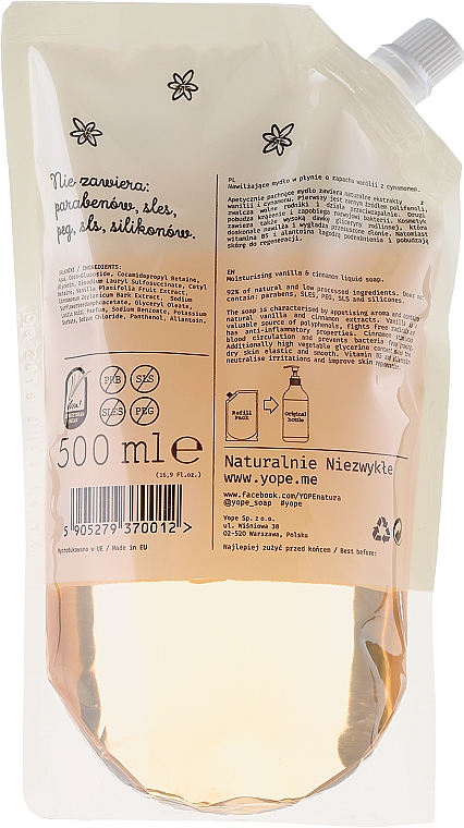 Feuchtigkeitsspendende Flüssigseife mit natürlichen Vanille- und Zimtextrakte - Yope Vanilla & Cinnamon Natural Liquid Soap Refill Pack — Bild N2