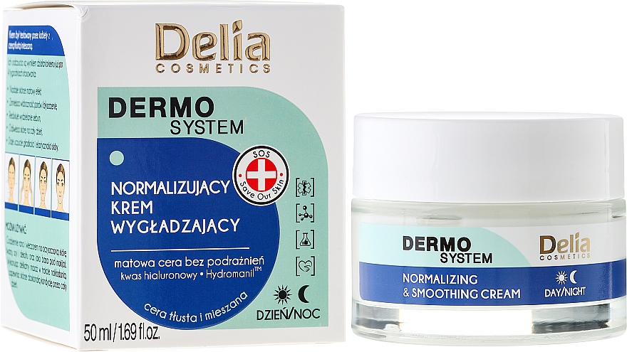 Normalisierende und glättende Gesichtscreme für fettige und Mischhaut - Delia Dermo System Normalizing & Soothing Cream