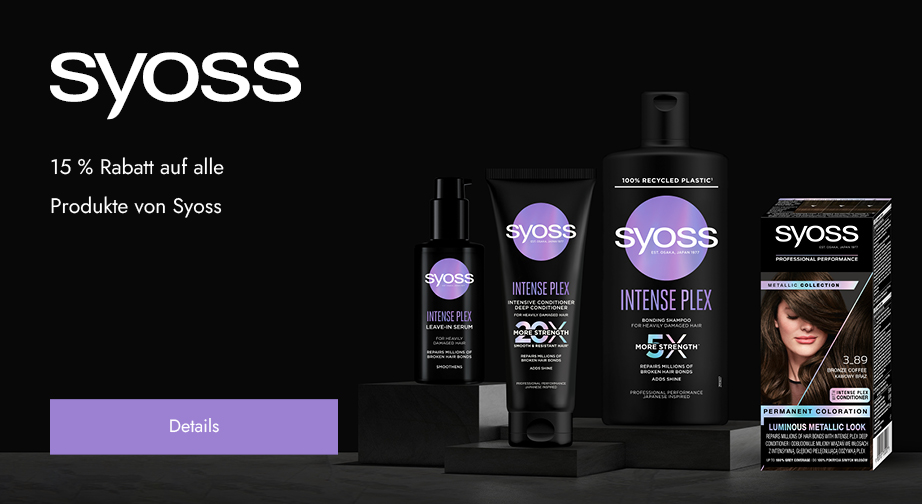 15 % Rabatt auf alle Produkte von Syoss. Die Preise auf der Website sind inklusive Rabatt.