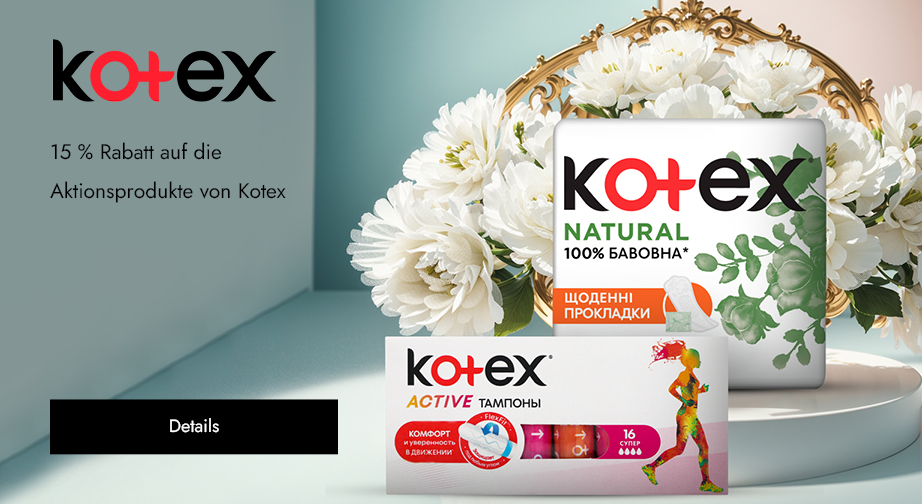 15 % Rabatt auf die Aktionsprodukte von Kotex . Die Preise auf der Website sind inklusive Rabatt.