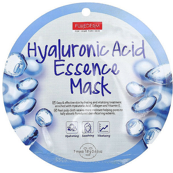 Feuchtigkeitsspendende beruhigende und vitalisierende Tuchmaske für das Gesicht mit Hyaluronsäure, Kollagen und Vitamin E - Purederm Hyaluronic Acid Essence Mask — Bild N1
