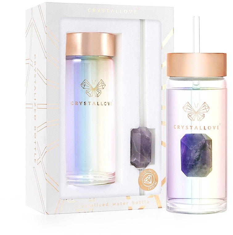 Holographische Glaswasserflasche mit Amethyst und Trinkhalm, 400 ml - Crystallove Glass Hologram Water Bottle with Amethyst and Straw — Bild N1