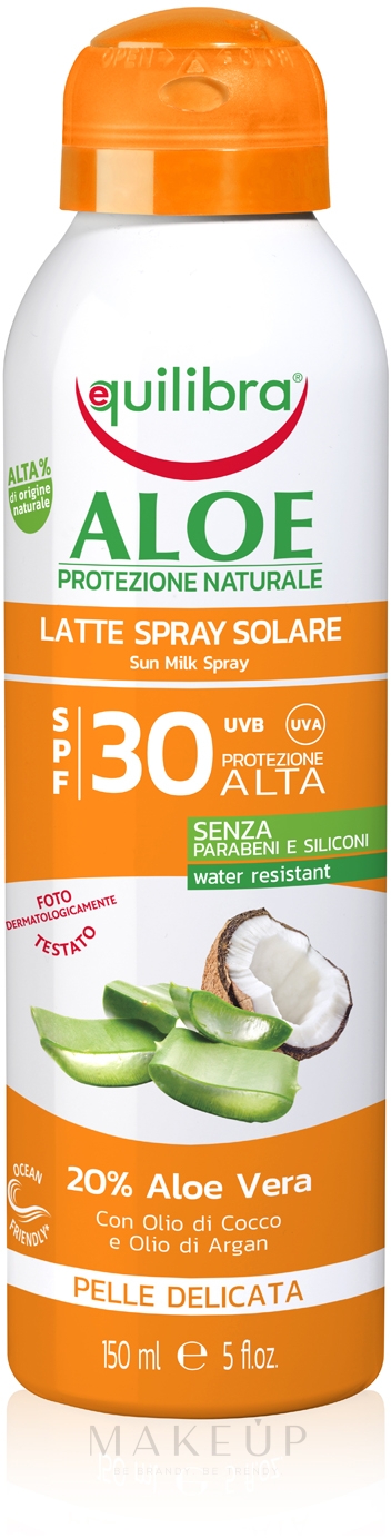 Sonnenschutzmilch-Spray mit 20% Aloe Vera SPF 30 - Equilibra Sun Aloe Spray Milk Spf 30 Delicate Skin — Bild 150 ml