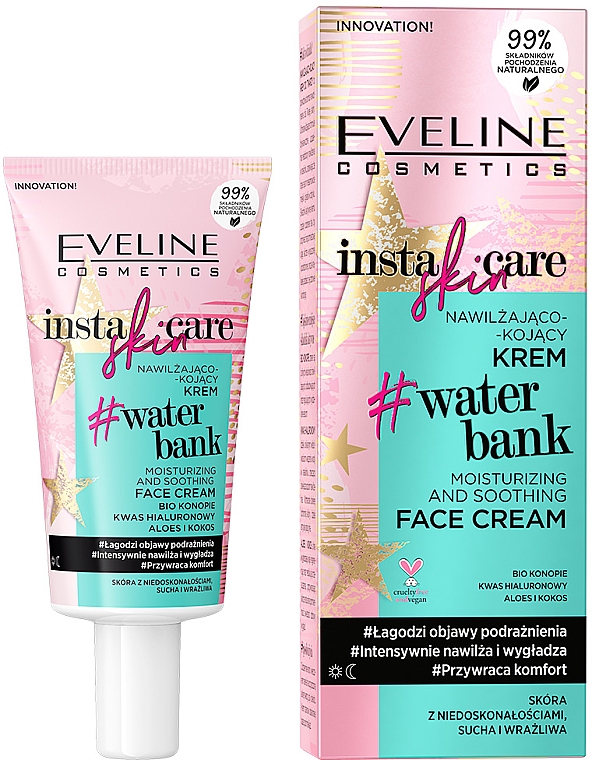 Feuchtigkeitsspendende und glättende Gesichtscreme mit Hanf, Aloe und Kokos - Eveline Cosmetics Insta Skin Care #Water Bank — Bild N1