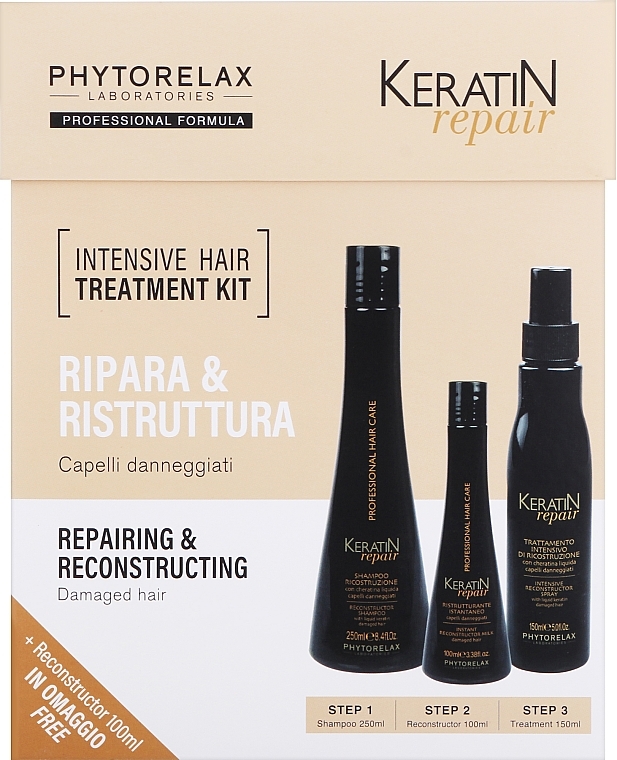 Haarpflegeset - Phytorelax Laboratories Keratin Repair Intensive Hair Treatment Kit (Shampoo 250ml + Haarmilch 100ml + Haarspray 150ml) — Bild N1