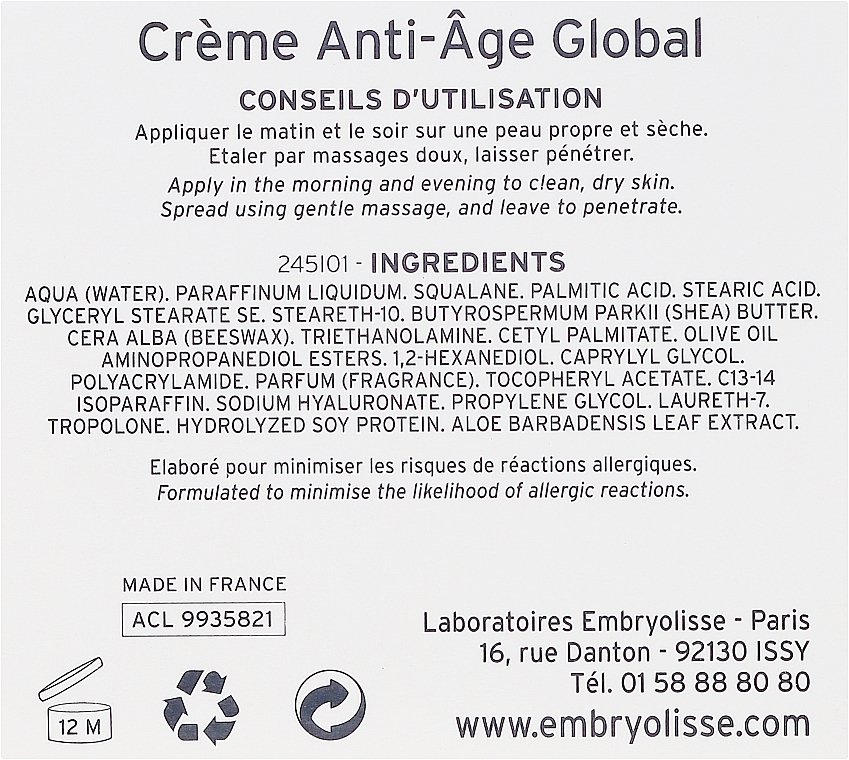 Pflegende Anti-Aging Gesichtscreme mit Omega 9, Vitamin E und Hyaluronsäure 60+ - Embryolisse Anti-Age Global Cream — Bild N3