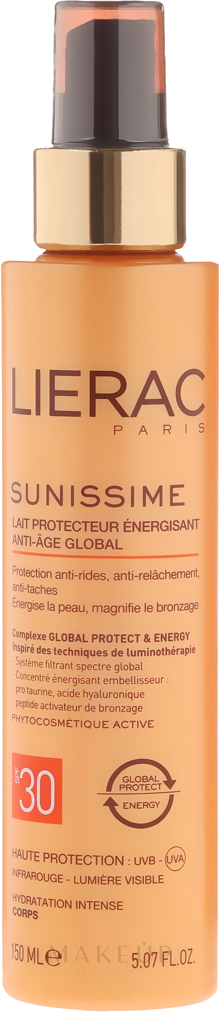Energitisierende Anti-Aging Sonnenschutzmilch für den Körper SPF 30 - Lierac Sunissime — Bild 150 ml