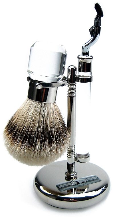 Set - Golddachs Finest Badger, Mach3 Metal Chrome Acrylic Silver (sh/brush + razor + stand) — Bild N1