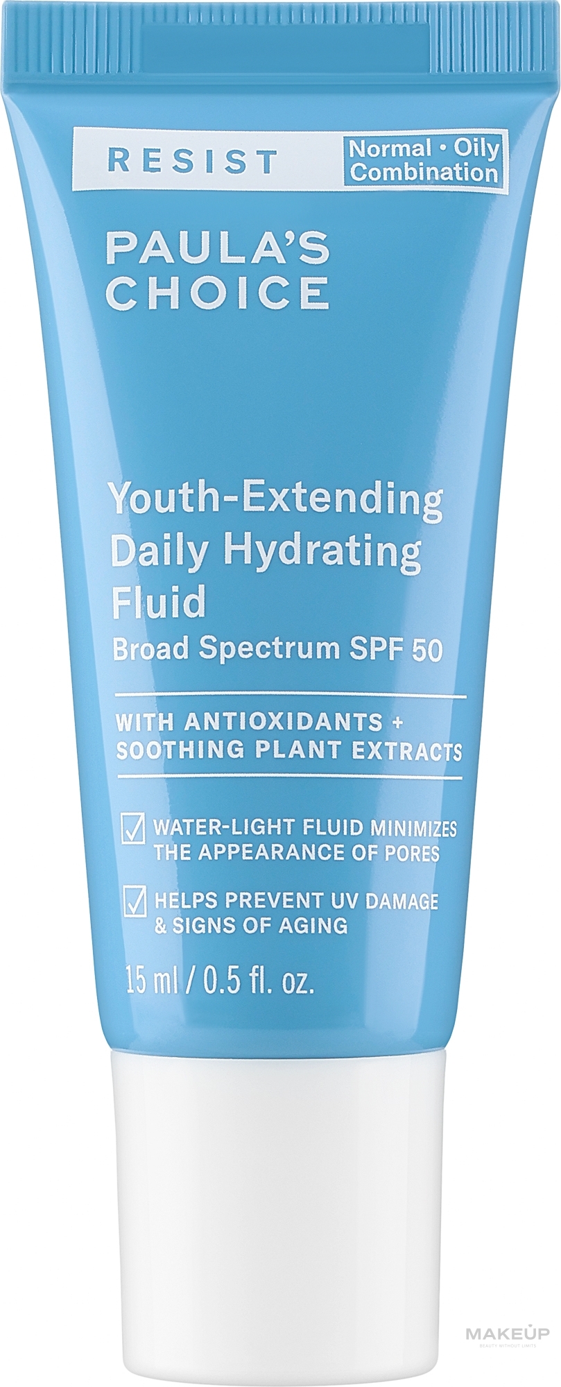 Feuchtigkeitsspendende Emulsion für Gesicht und Körper SPF50 - Paula's Choice Resist Youth-Extending Daily Hydrating Fluid SPF50 Travel Size  — Bild 15 ml