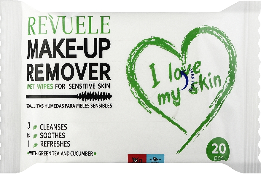 Feuchttücher zum Abschminken mit Grüntee und Gurke für empfindliche Haut - Revuele Make-up Remover I Love My Skin Wet Wipes For Sensitive Skin — Bild N1