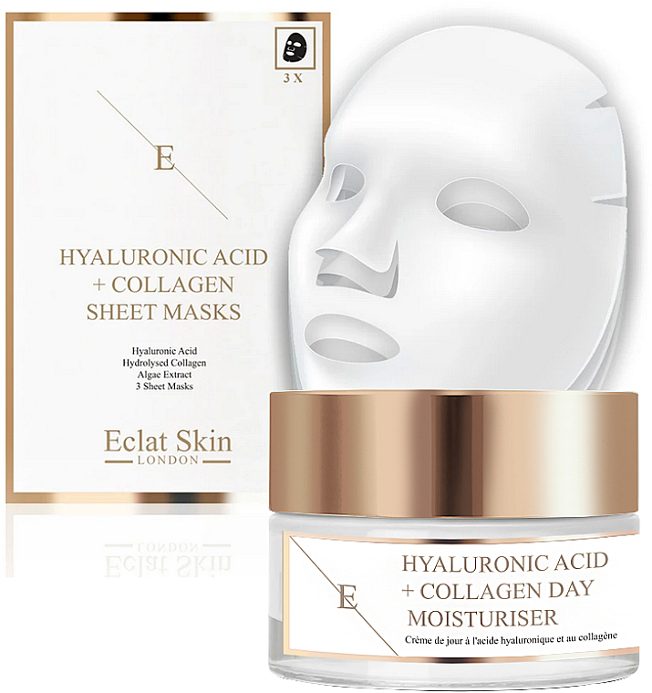 Gesichtspflegeset - Eclat Skin London Hyaluronic Acid & Collagen (Tagescreme 50ml + Tuchmaske 3St.) — Bild N1