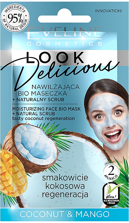 Feuchtigkeitsspendende Gesichtsmaske mit Kokosnuss und Mango - Eveline Cosmetics Look Delicious Face Bio Mask — Bild N1