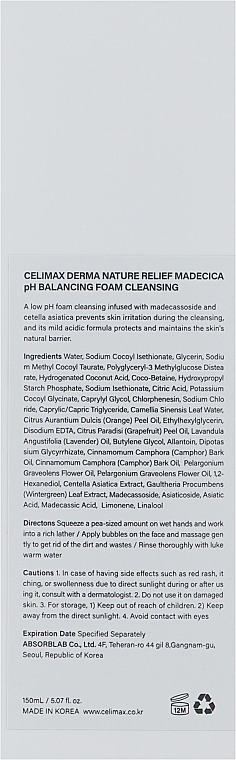Sanfter Reinigungsschaum - Celimax Derma Nature Relief Madecica pH Balancing Foam Cleansing — Bild N3