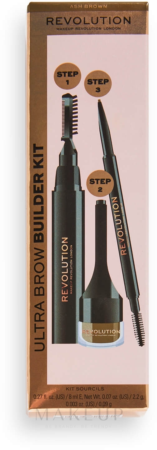 Set - Makeup Revolution Ultra Brow Builder Kit (wax/8ml + brow/pomade/2,2g + eye/crayon/0,09g)  — Bild Ash Brown