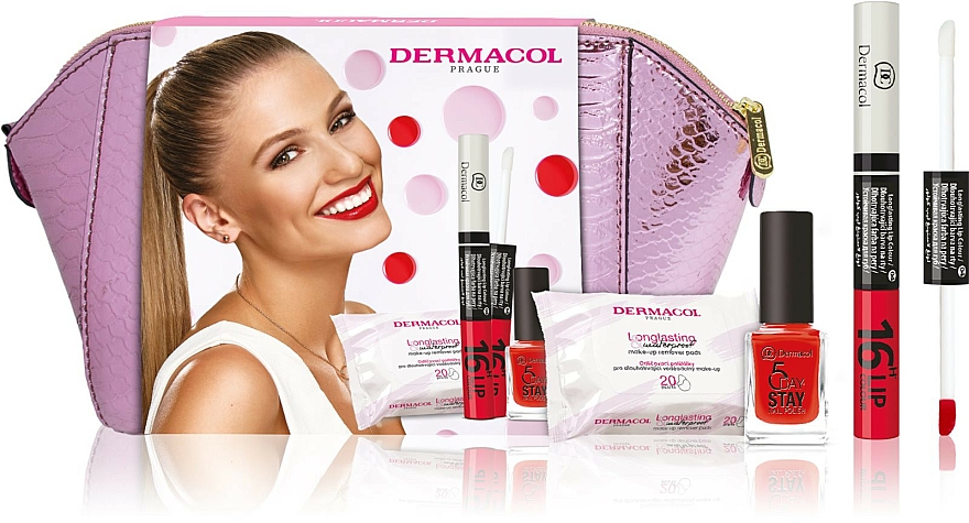 Körperpflegeset - Dermacol 16H Lip Colour (Lipgloss 4.3ml + Nagellack 11ml + Pads zum Abschminken 20 St. + Kosmetiktasche) — Bild N1