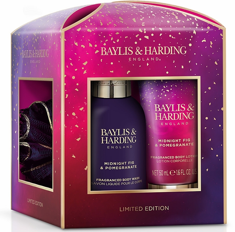 Set - Baylis & Harding Midnight Fig & Pomegranate Luxury Essentials Treat Box Gift Set (sh/gel/100ml + b/lot/50ml + washcloth/1pcs) — Bild N1