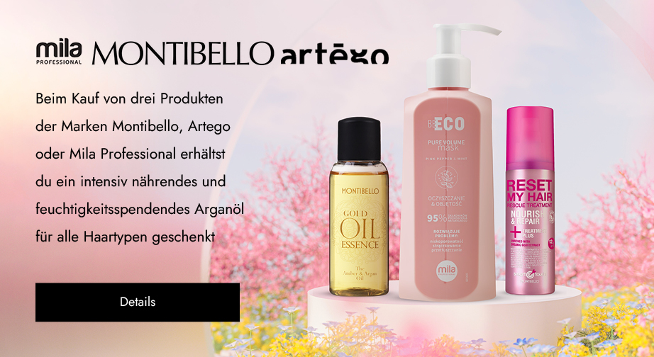 Beim Kauf von drei Produkten der Marken Montibello, Artego oder Mila Professional erhältst du ein intensiv nährendes und feuchtigkeitsspendendes Arganöl für alle Haartypen geschenkt